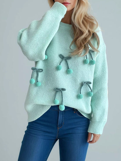 Cherry Pom-Pom Knit Round Neck Sweater  DAME BOHEME