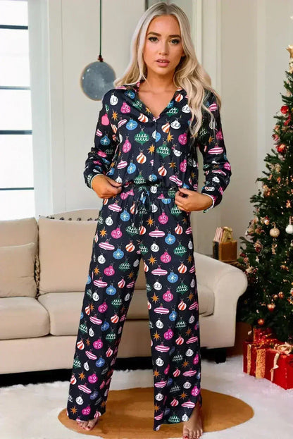 Navy Blue Colorful Christmas Lights Print Shirt and Pants Pajama Set  DAME BOHEME