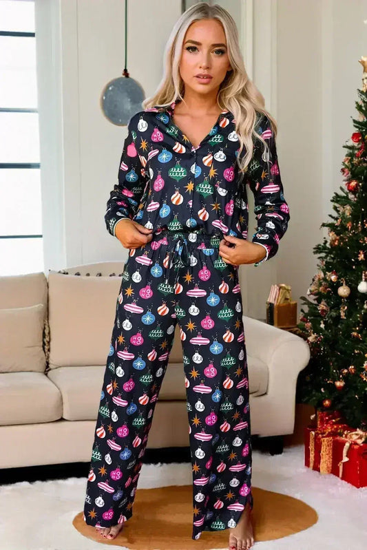 Navy Blue Colorful Christmas Lights Print Shirt and Pants Pajama Set  DAME BOHEME