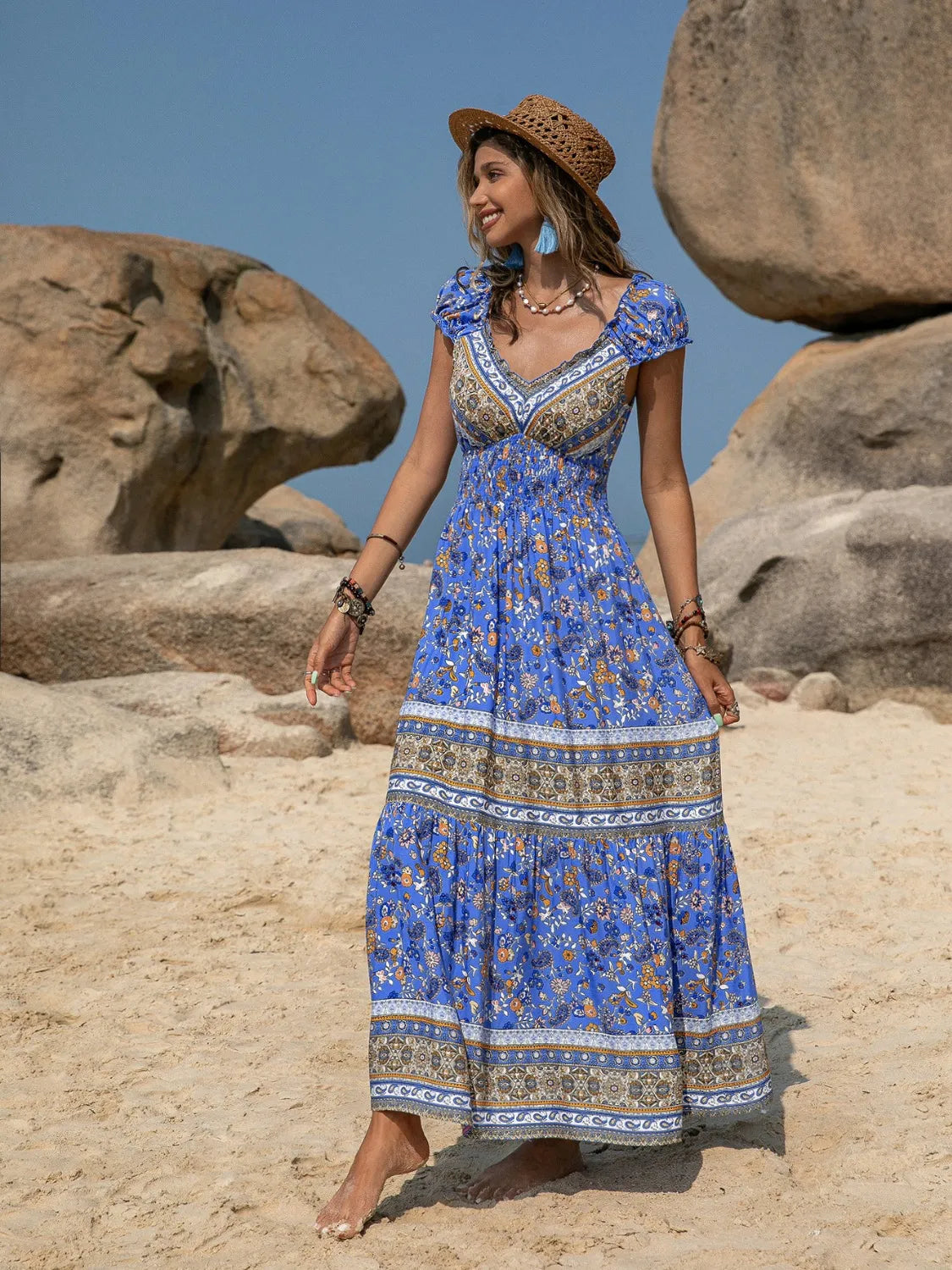 Floral Printed V-Neck Cap Sleeve Maxi Dress Trendsi