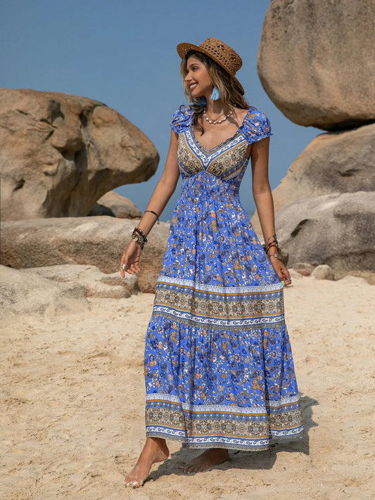 Floral Printed V-Neck Cap Sleeve Maxi Dress Trendsi