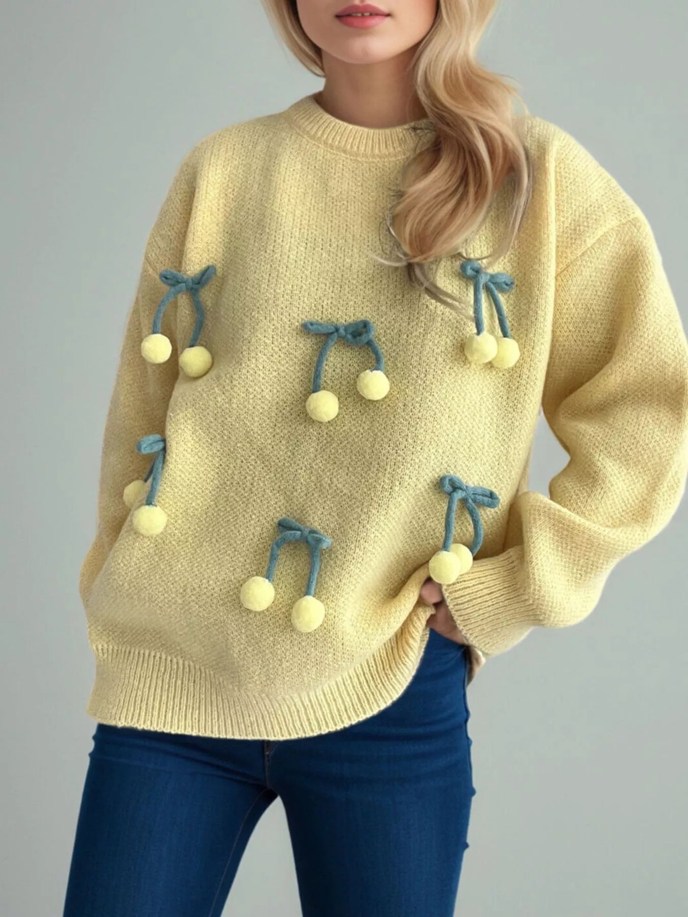 Cherry Pom-Pom Knit Round Neck Sweater  DAME BOHEME