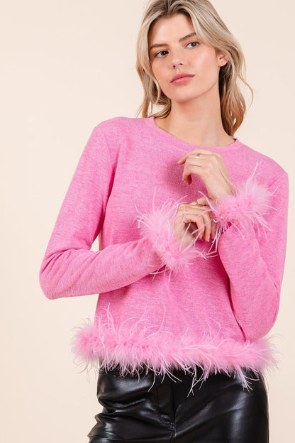 Mittoshop Feather Trim Long Sleeve Crop Hacci Knit Top Trendsi