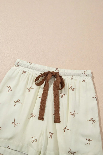 Bow Print Lace Drawstring Casual Shorts Simply Love