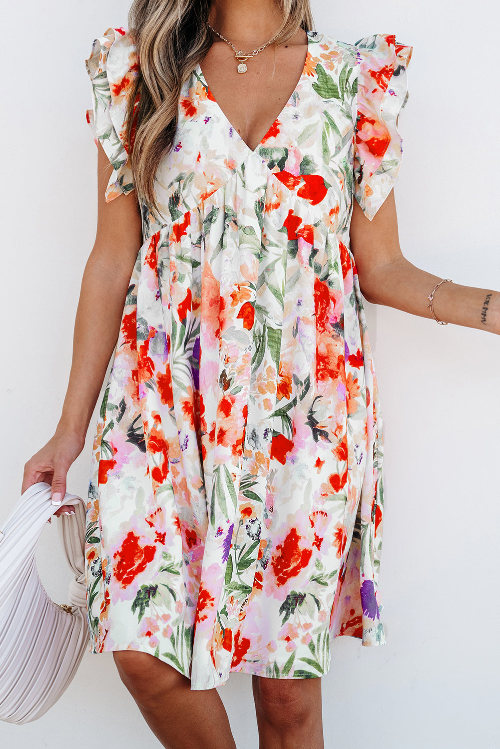 Pink Floral Double Ruffle Sleeve V Neck High Waist Mini Dress  DAME BOHEME