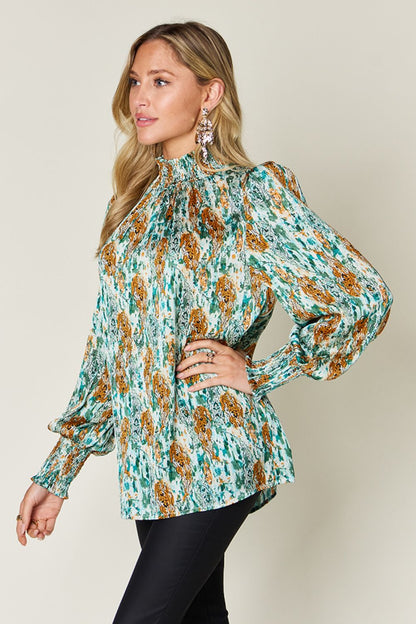 Double Take Full Size Printed Smocked Long Sleeve Blouse  DAME BOHEME