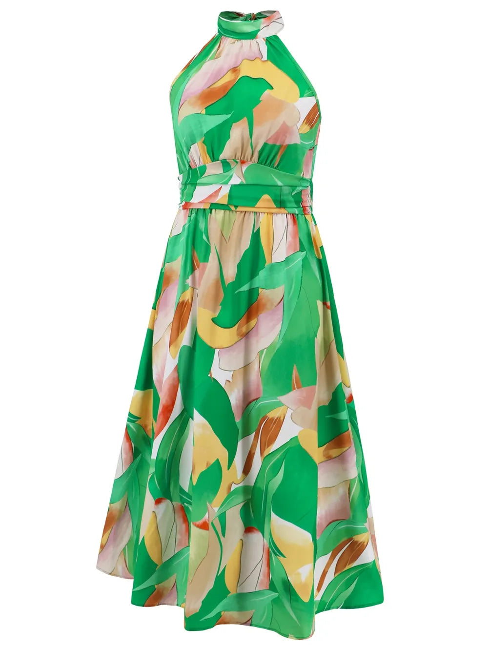 Ruched Printed Halter Neck Midi Dress Trendsi