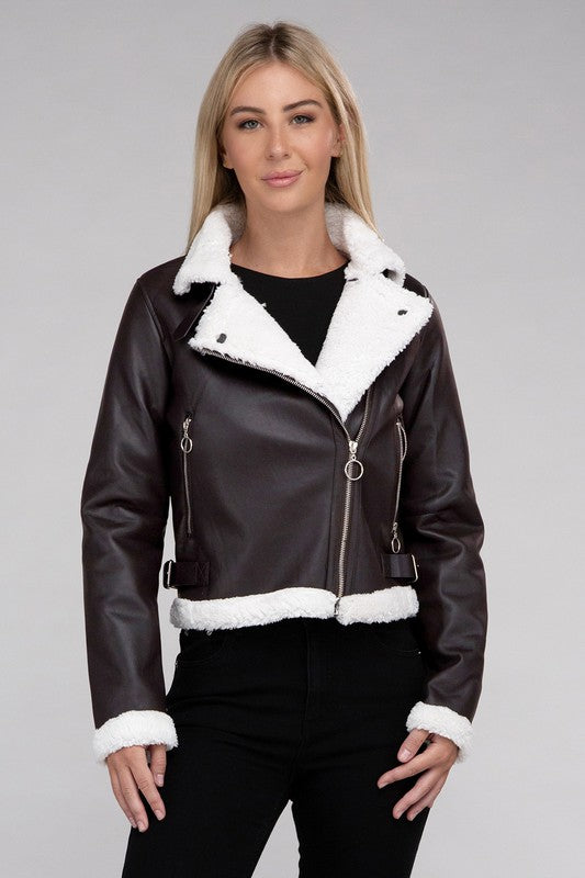 Plush Teddy Trimmed PU Faux Leather Jacket