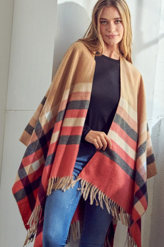 Fringed Plaid Pattern Shawl Poncho Cape