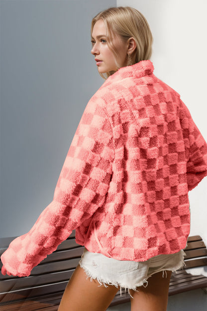 Double Take Checkered Long Sleeve Fuzzy Jacket  DAME BOHEME