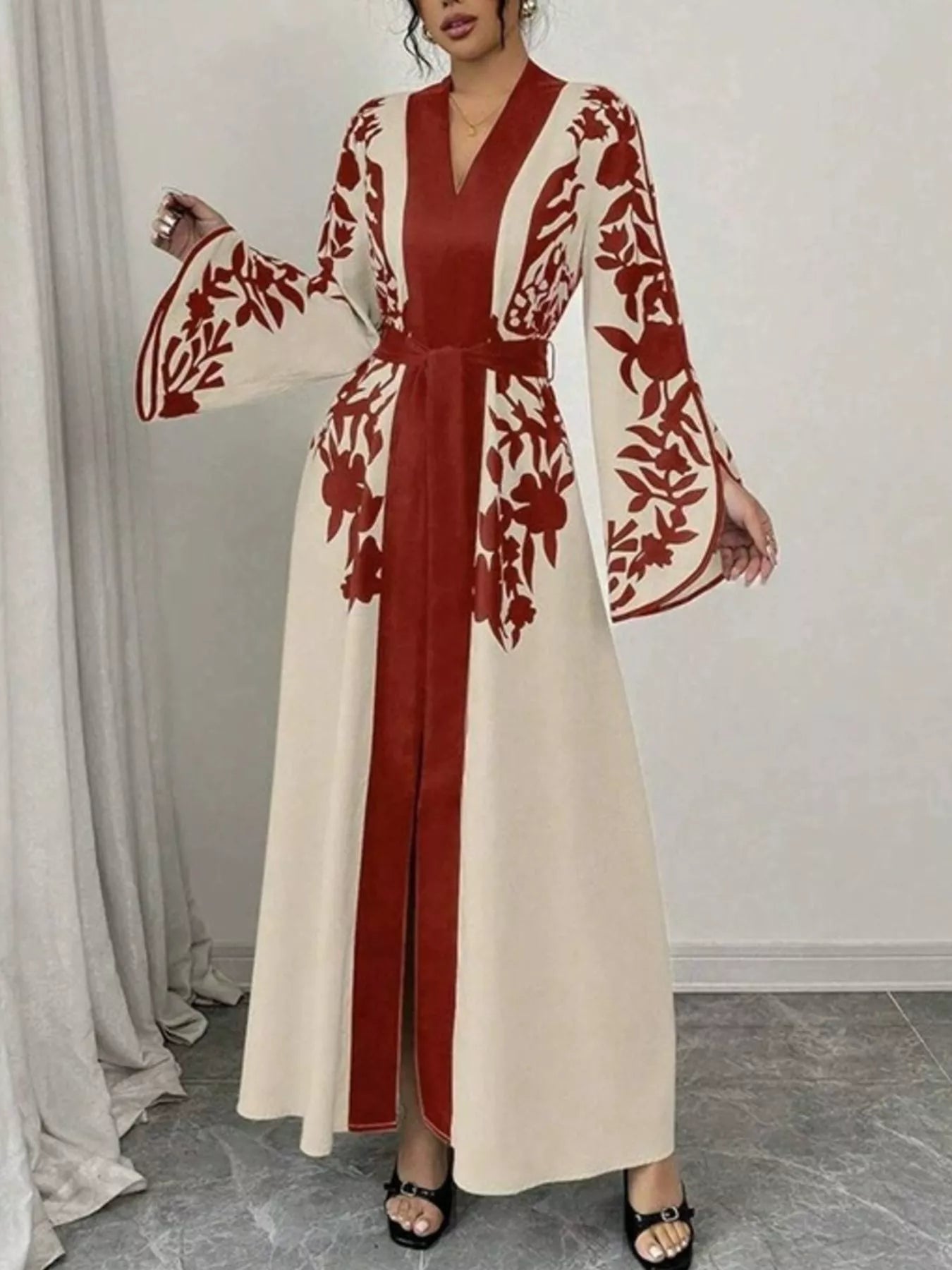 Printed Tie Waist Elegant Maxi Dress