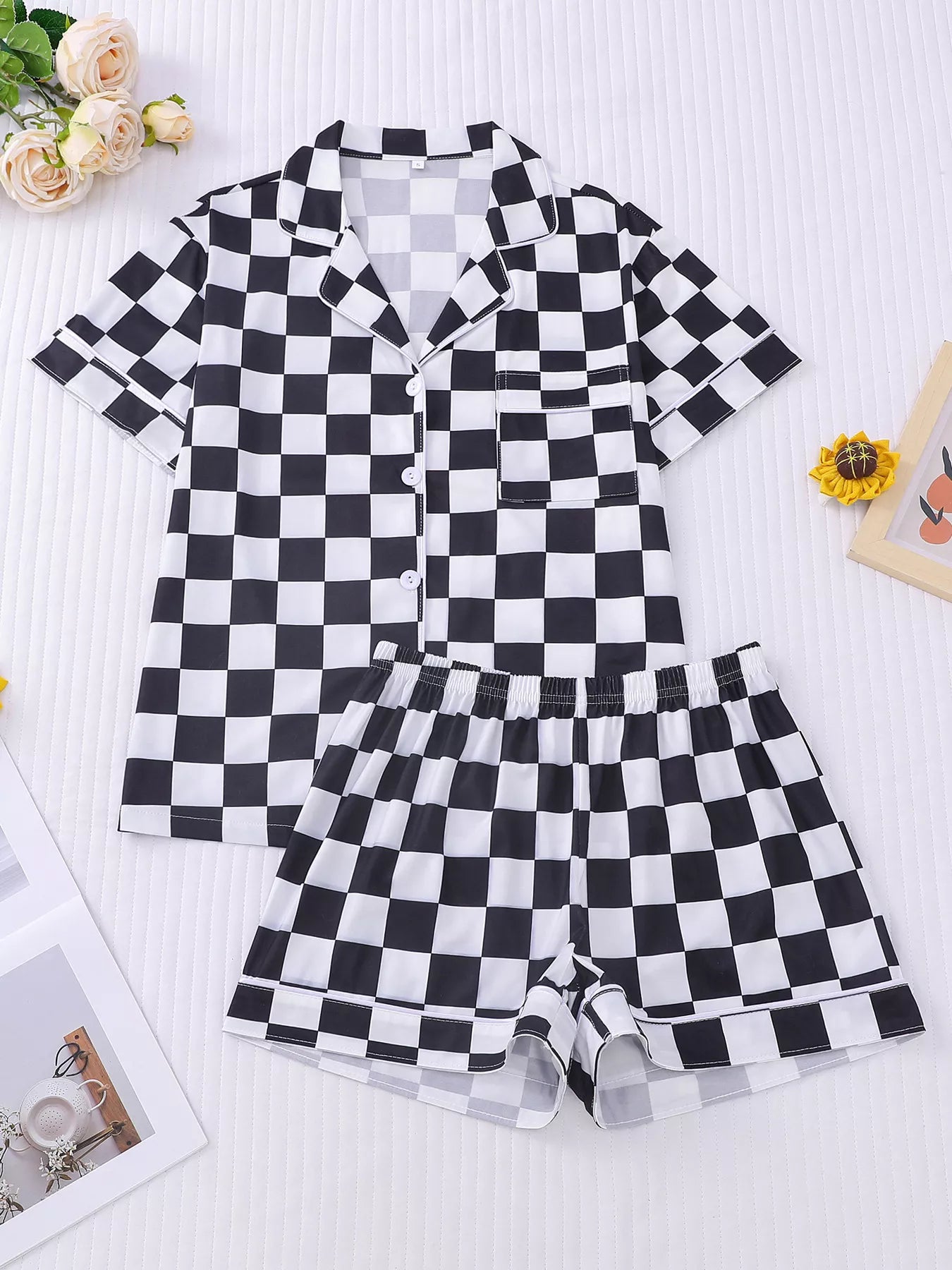 Checkered Print Button Up Top and Shorts Lounge Set  DAME BOHEME