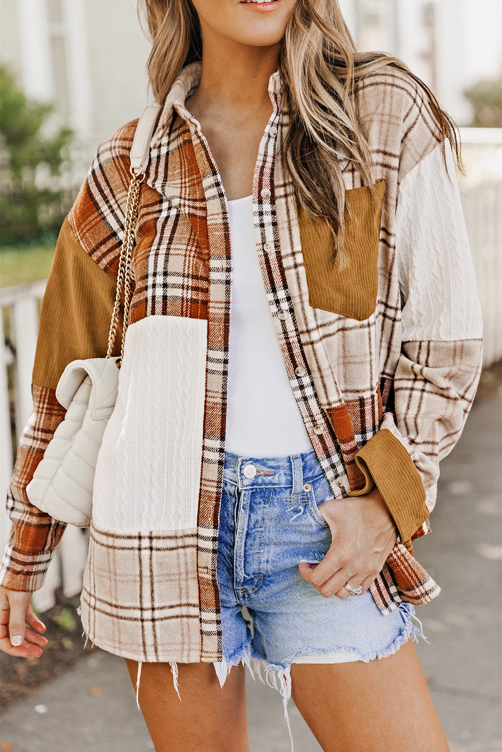 Sutton Plaid Color Block Patchwork Shirt Jacket with Pocket  DAME BOHEME