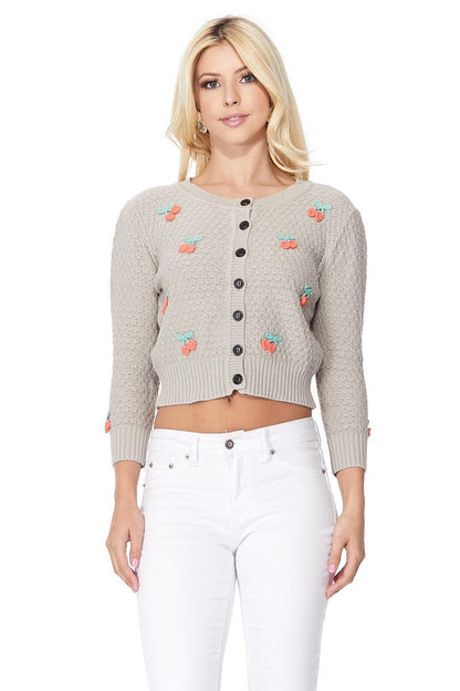 Cherry Crochet Pom Pom Cropped Cardigan Sweater Mak