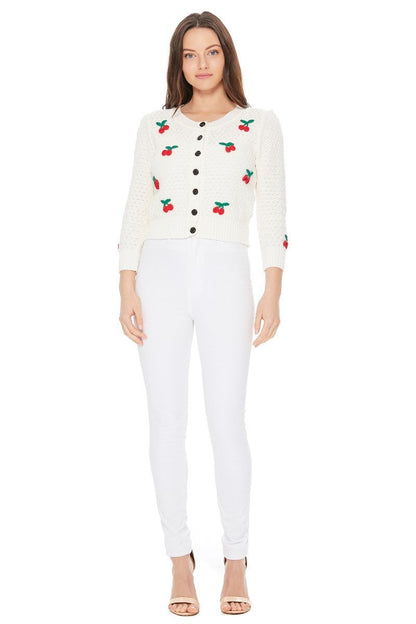 Cherry Crochet Pom Pom Cropped Cardigan Sweater Mak