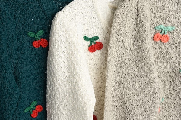 Cherry Crochet Pom Pom Cropped Cardigan Sweater Mak