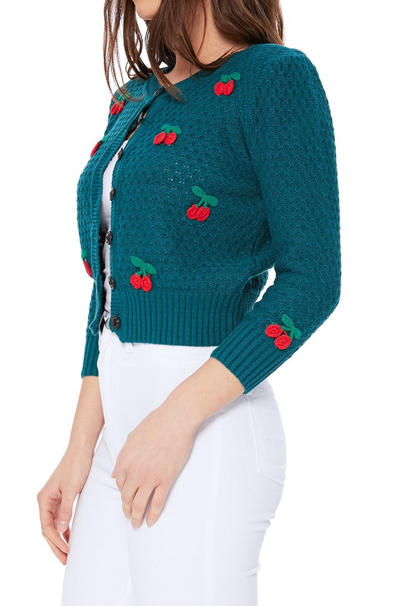 Cherry Crochet Pom Pom Cropped Cardigan Sweater Mak