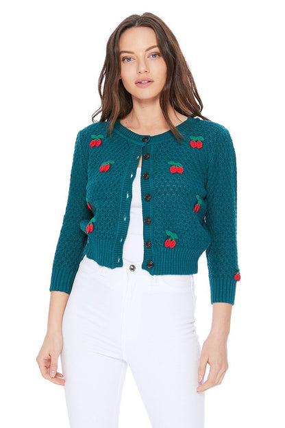 Cherry Crochet Pom Pom Cropped Cardigan Sweater Mak