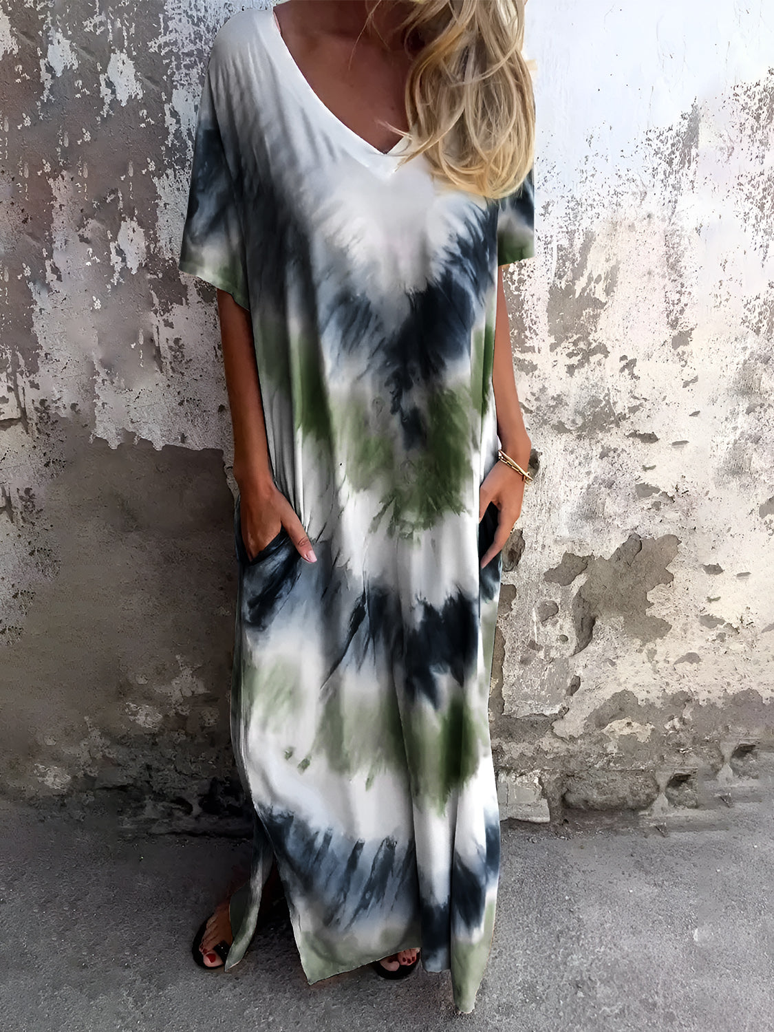 Full Size Pocketed Tie-Dye Short Sleeve Maxi Dress Trendsi
