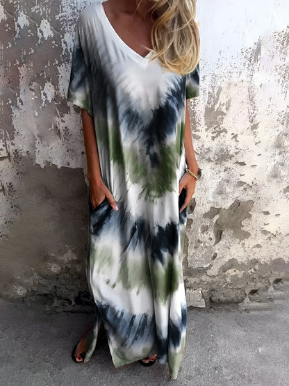 Full Size Pocketed Tie-Dye Short Sleeve Maxi Dress Trendsi