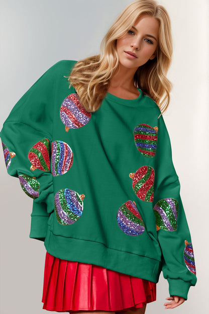 Double Take Christmas Element Sequin Round Neck Long Sleeve Sweatshirt  DAME BOHEME