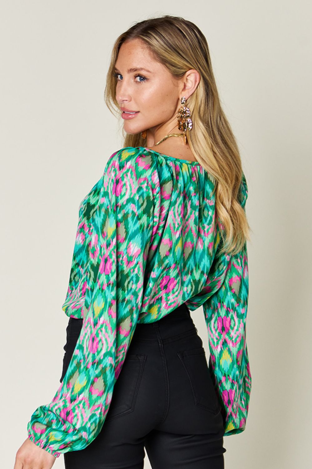 Double Take Full Size Printed Balloon Sleeve Blouse  DAME BOHEME