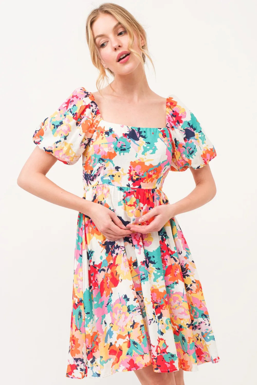 And The Why Square Neck Puff Sleeve Floral Dress  DAME BOHEME