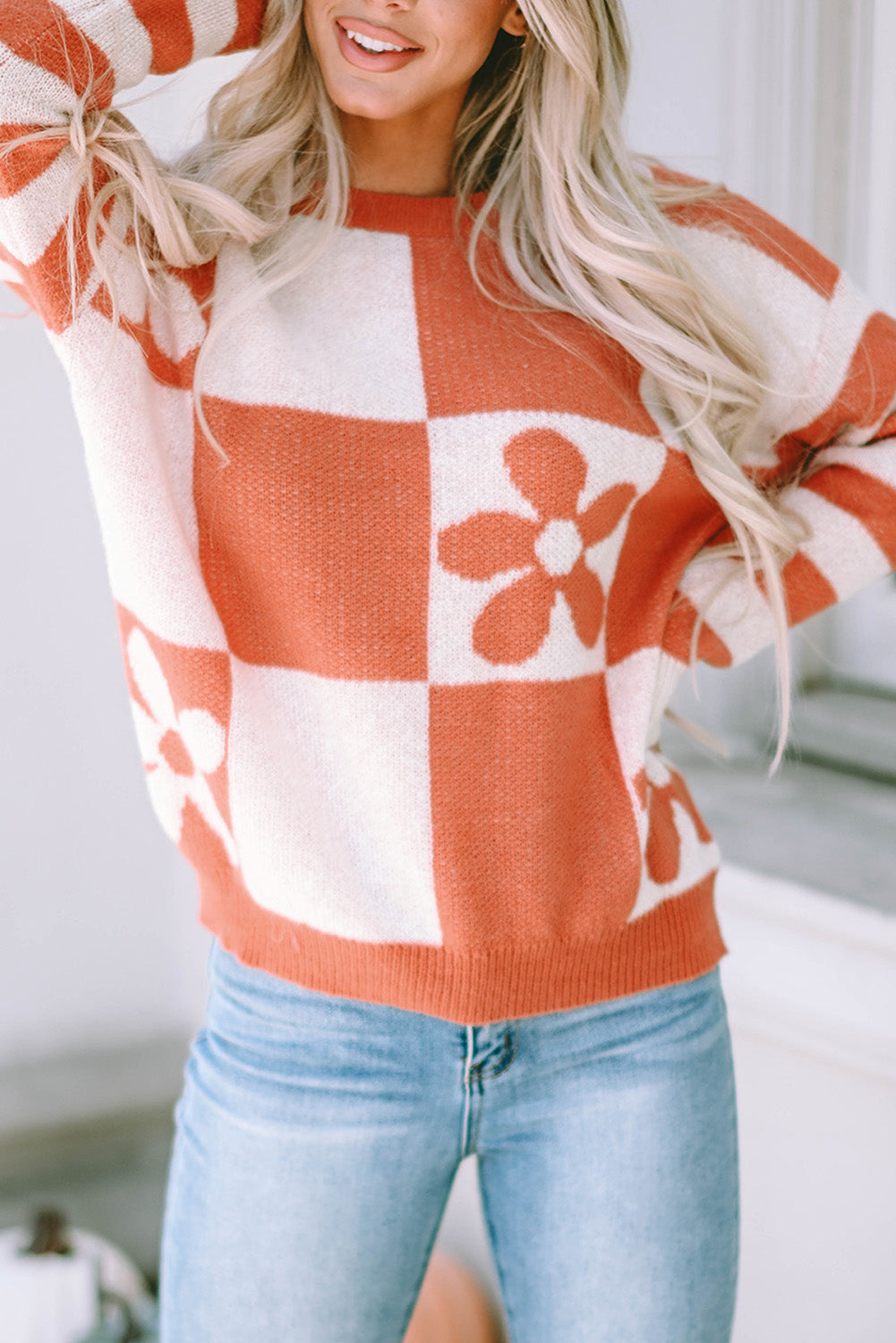 Miller Checkered Floral Striped Sleeve Sweater  DAME BOHEME