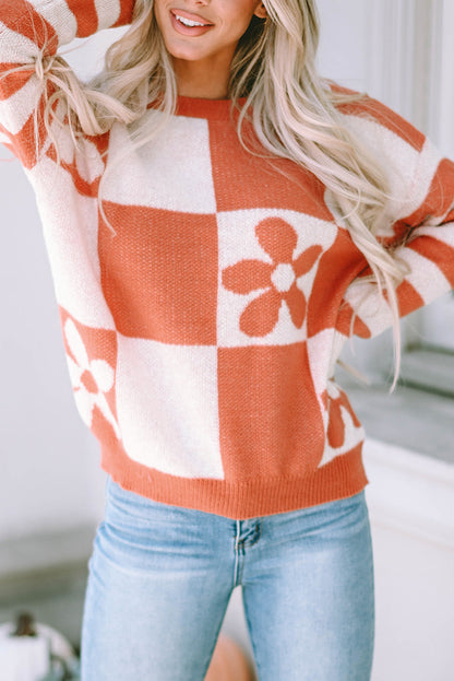 Miller Checkered Floral Striped Sleeve Sweater  DAME BOHEME