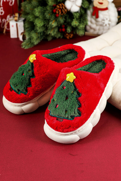 Fiery Red Christmas Tree Graphic Plush Slippers  DAME BOHEME