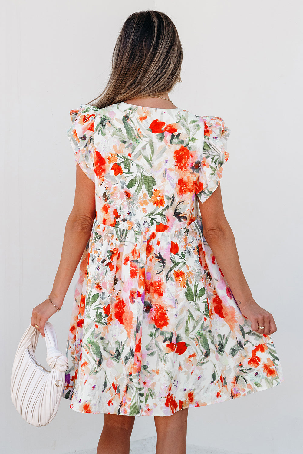 Pink Floral Double Ruffle Sleeve V Neck High Waist Mini Dress  DAME BOHEME