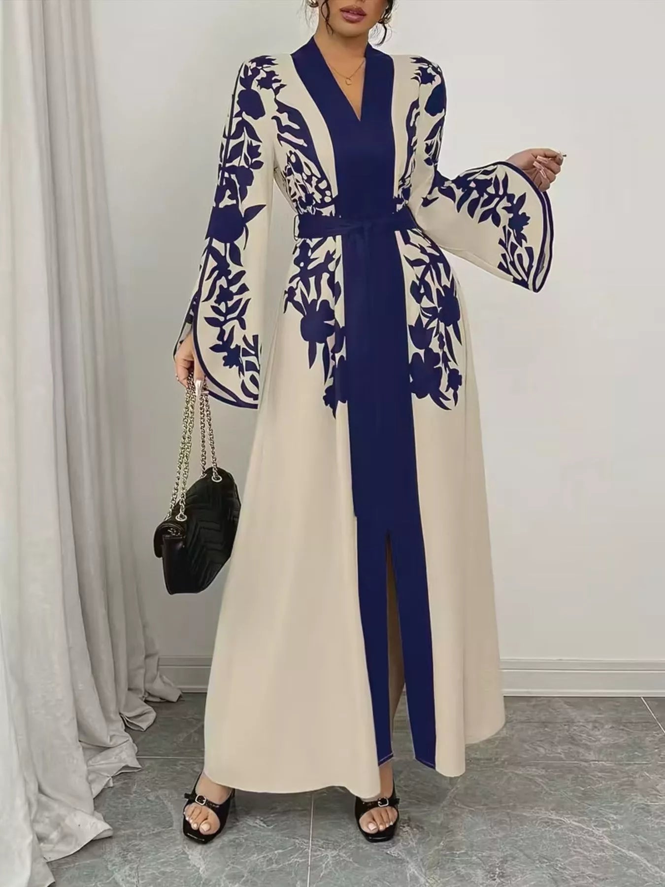 Printed Tie Waist Elegant Maxi Dress