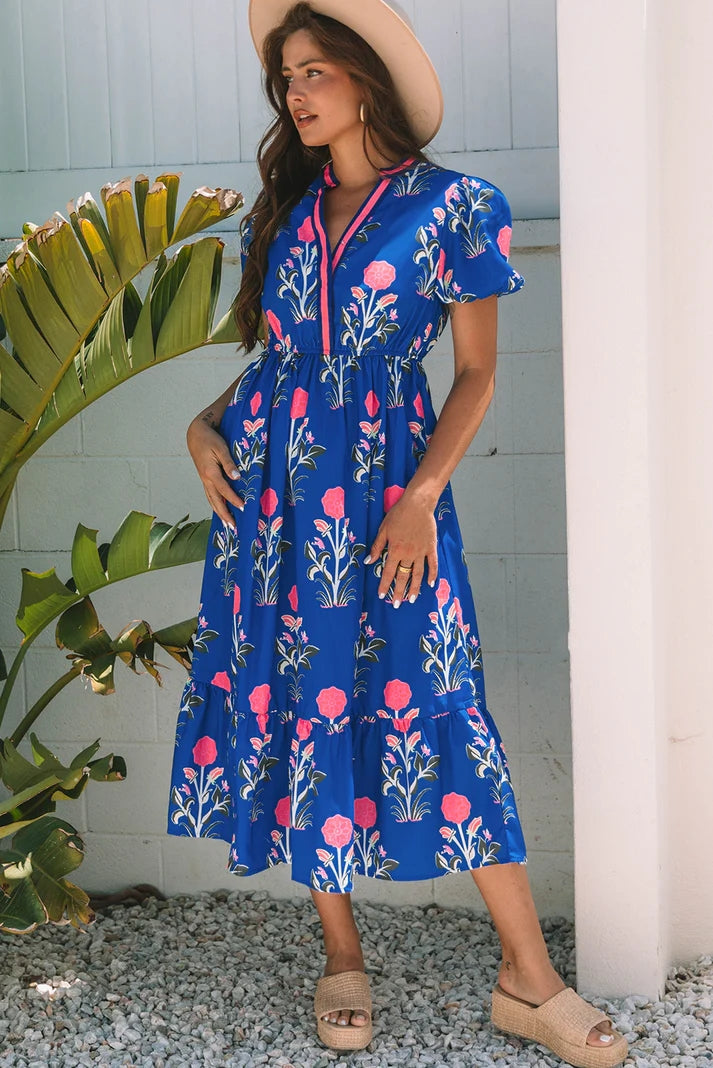 Floral Puff Short Sleeve High Waist Midi Dress Trendsi