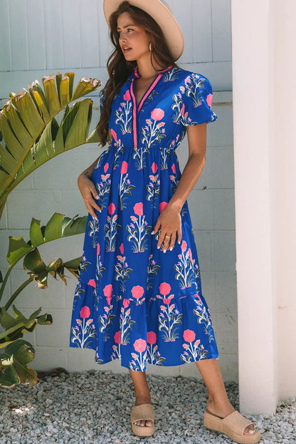 Floral Puff Short Sleeve High Waist Midi Dress Trendsi