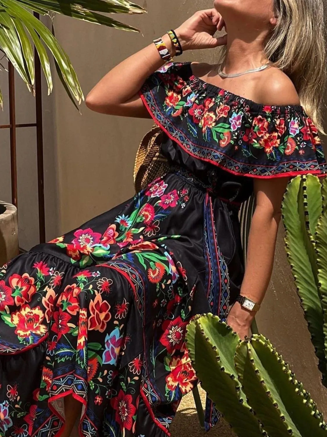Floral Off Shoulder Ruffle Maxi Dress Trendsi