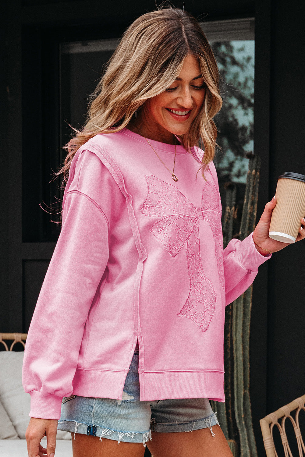 Brianna Lace Bow Embroidered Exposed Seam Sweatshirt  DAME BOHEME