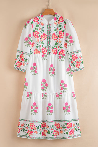 White Floral Print Half Button Mandarin Neck 3/4 Sleeve Maxi Dress  DAME BOHEME