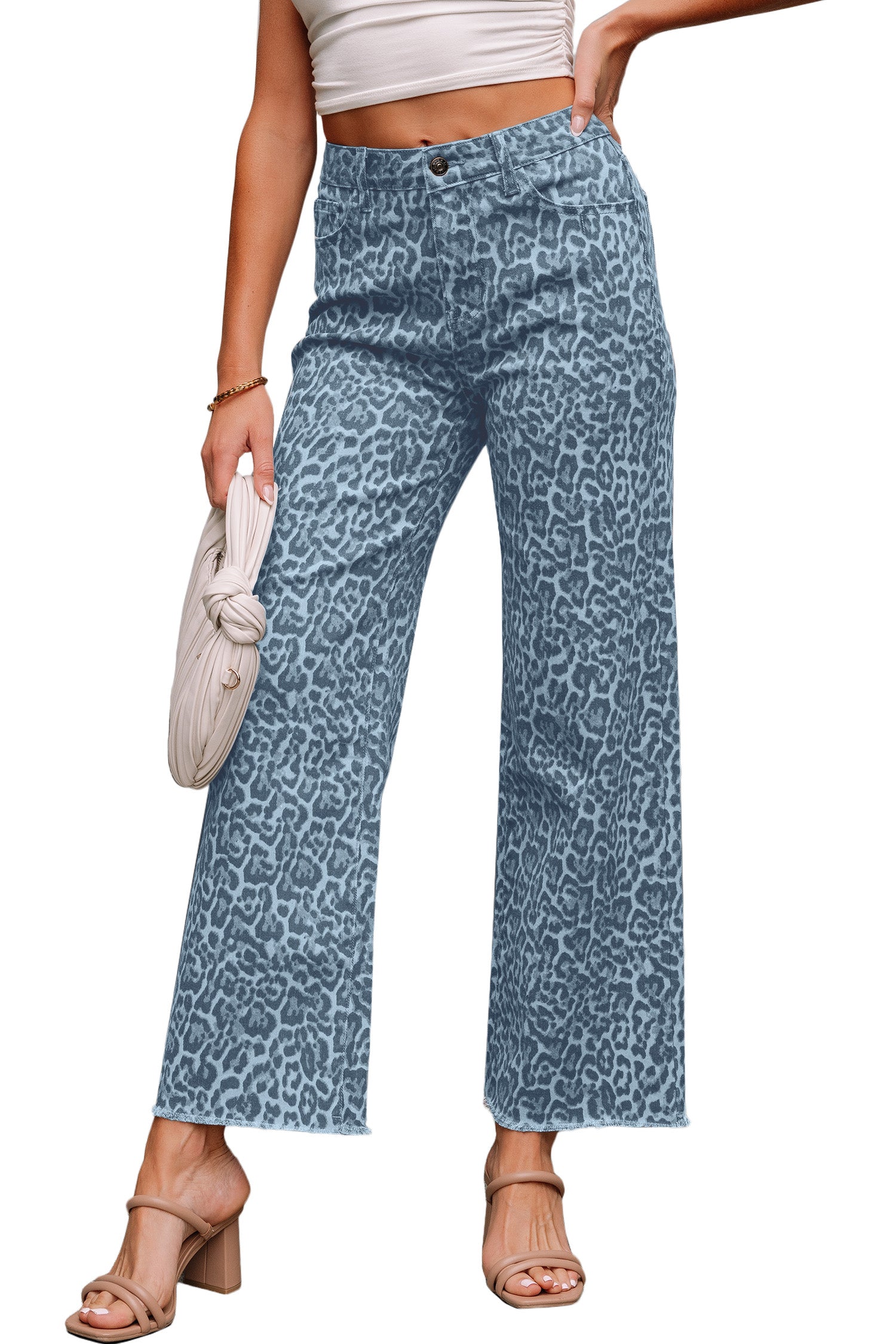 Gray Leopard Frayed Edge Wide Leg High Waist Jeans  DAME BOHEME
