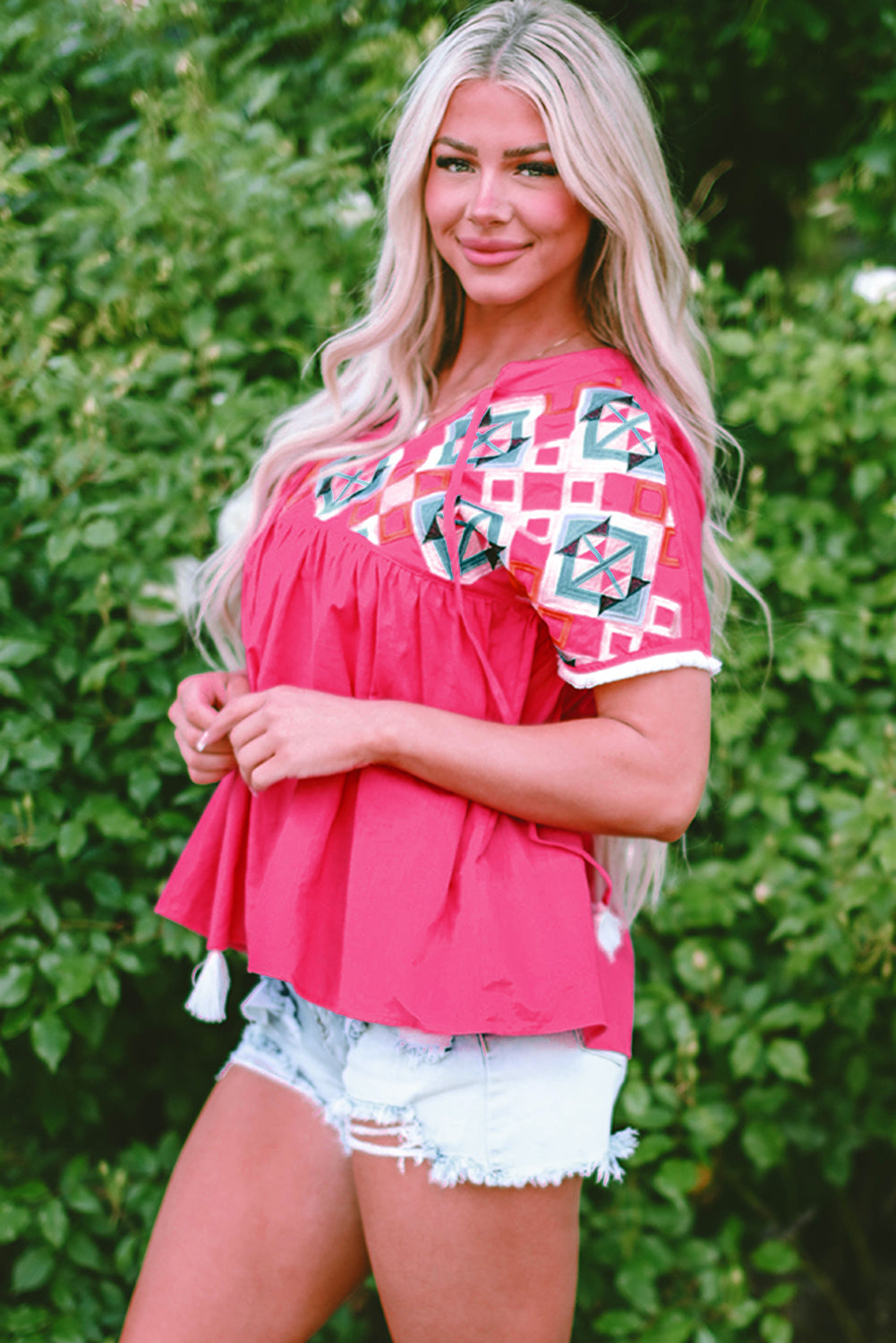 Zayla Embroidered Tassel Tie V Neck Blouse  DAME BOHEME