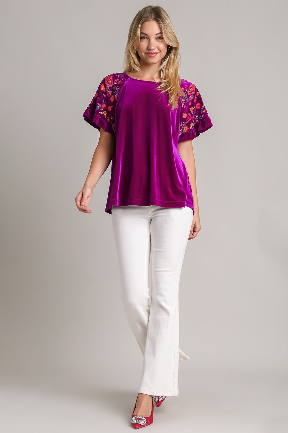 Umgee Full Size Velvet Embroidery Short Sleeve Blouse Trendsi