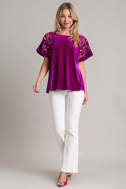 Umgee Full Size Velvet Embroidery Short Sleeve Blouse Trendsi