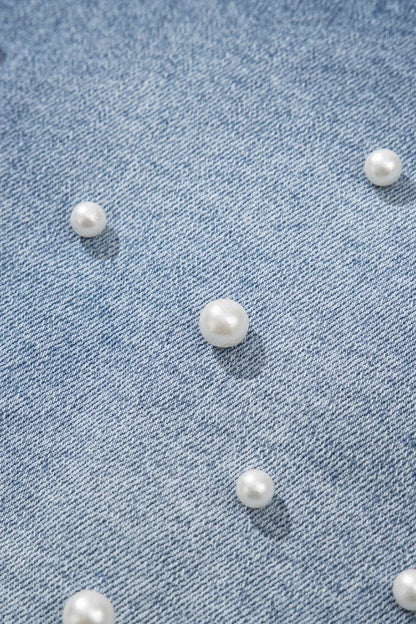 Pearl Beaded Raw Hem Wash Denim Shorts  DAME BOHEME