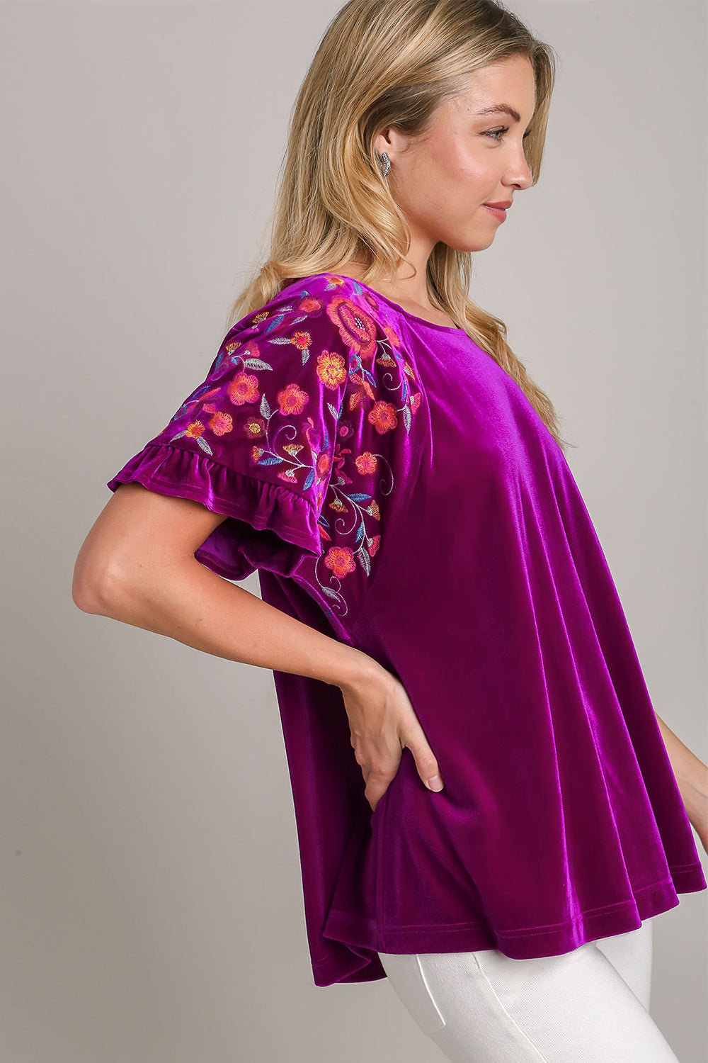 Umgee Full Size Velvet Embroidery Short Sleeve Blouse Trendsi