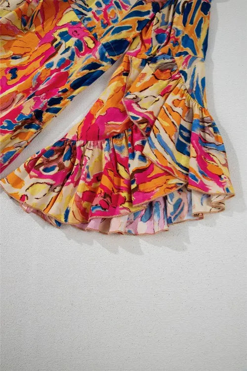 Printed Flare Sleeve Ruffled Hem Dress Trendsi