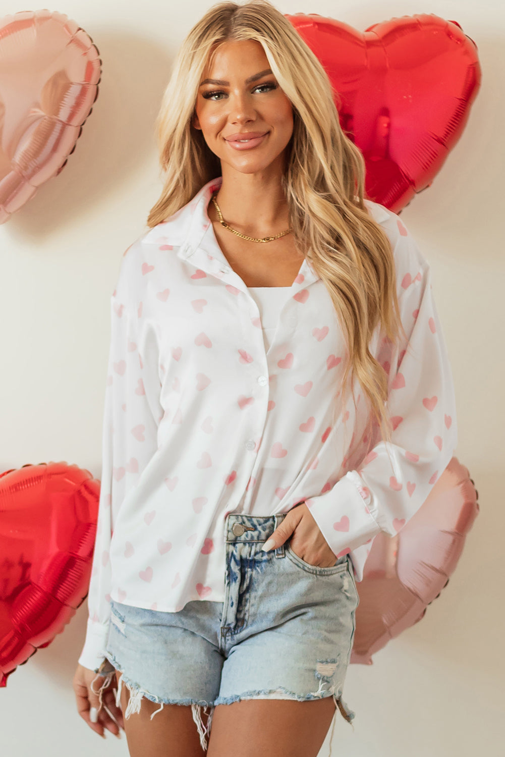 White Love Heart Print Drop Shoulder Puff Sleeve Shirt  DAME BOHEME