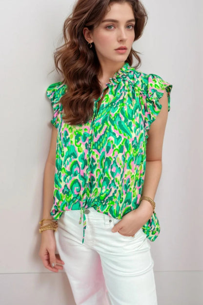 Abstract Print Ruffled Trim Tie Neck Top Simply Love