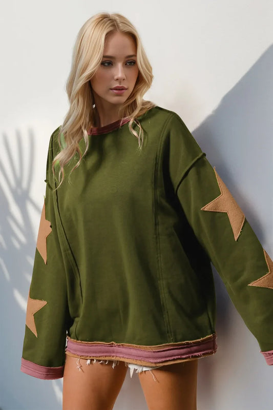 Double Take Star Patched Long Sleeve Sweatshirt  DAME BOHEME