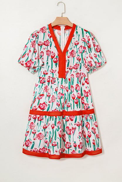 Pink Floral Print Contrast Trim V Neck Bubble Short Sleeve Babydoll Dress  DAME BOHEME