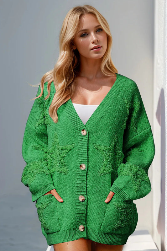 Double Take Full Size Button Up Star Pattern Cardigan  DAME BOHEME