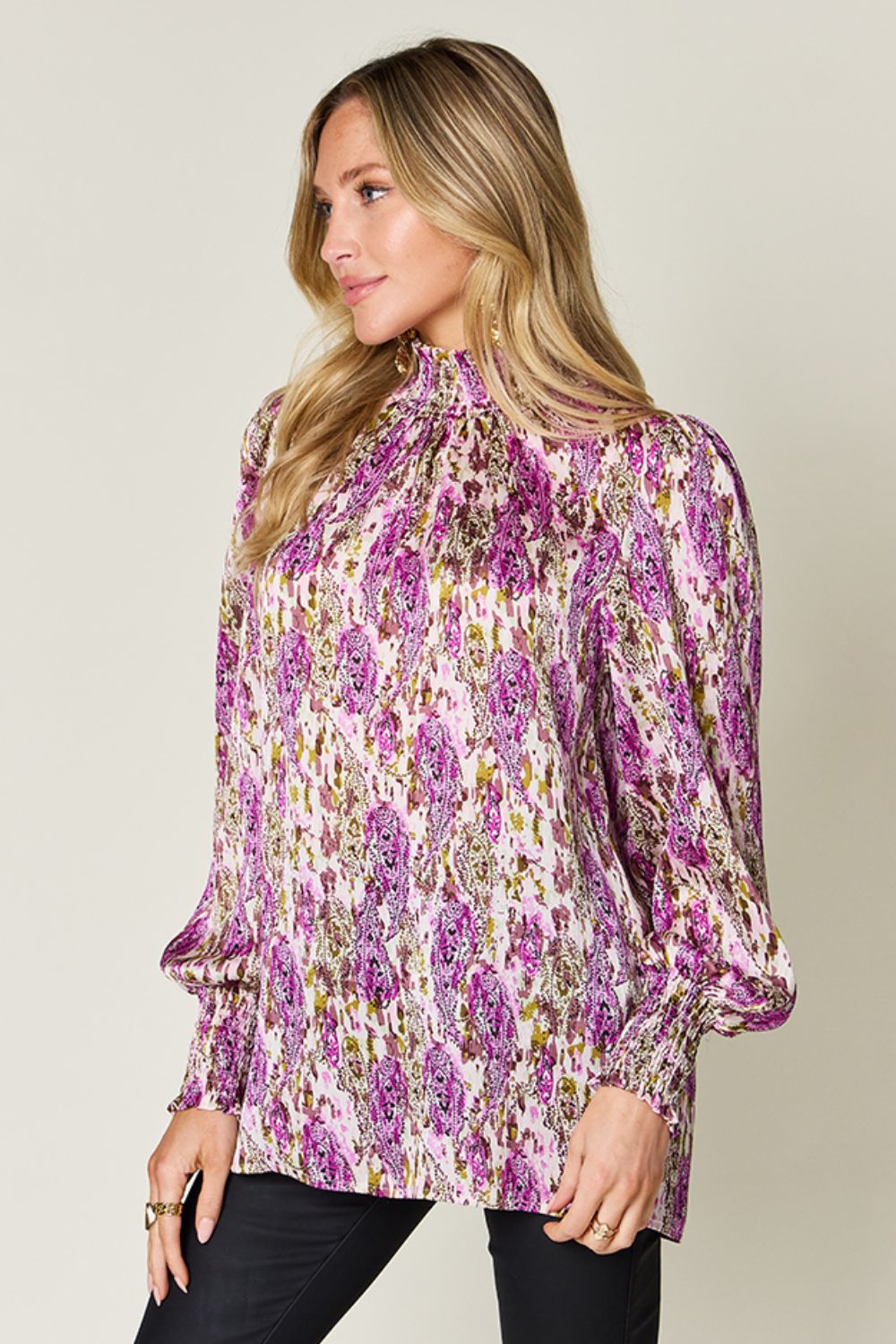 Double Take Full Size Printed Smocked Long Sleeve Blouse  DAME BOHEME